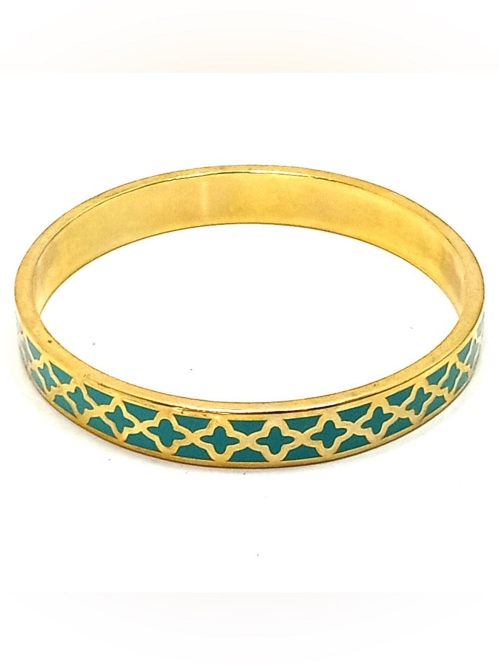 Vintage Gold-tone  Bangle with Turquoise Enamel Quatrefoil Inlay
